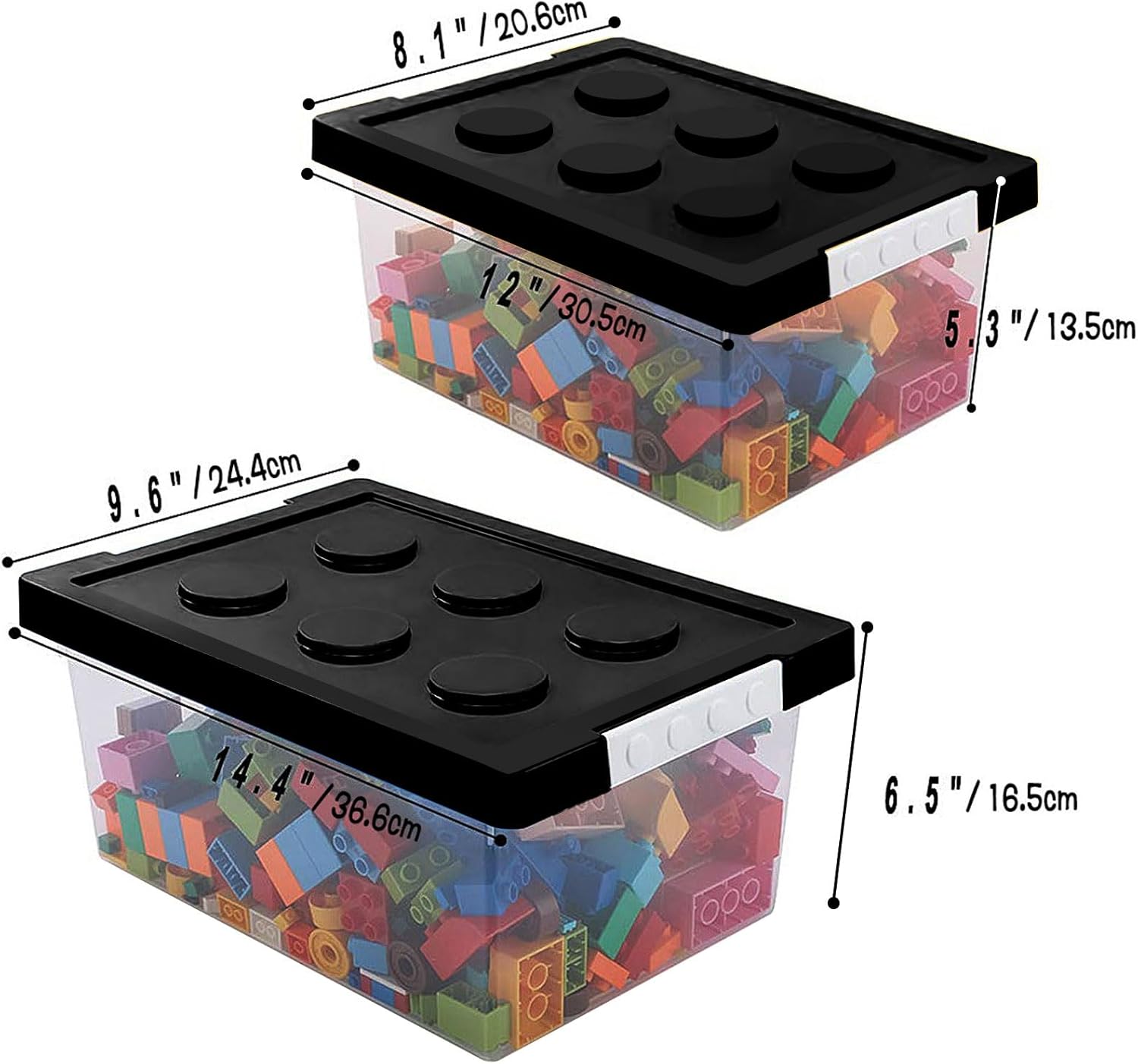 loobuu Plastic Storage Bins with Lids - Stackable Toy Storage Organizer Box Set of 2, Toy Chests with Compatible Building Baseplate and Lid, Storage Container for Building Bricks & Toys- Black