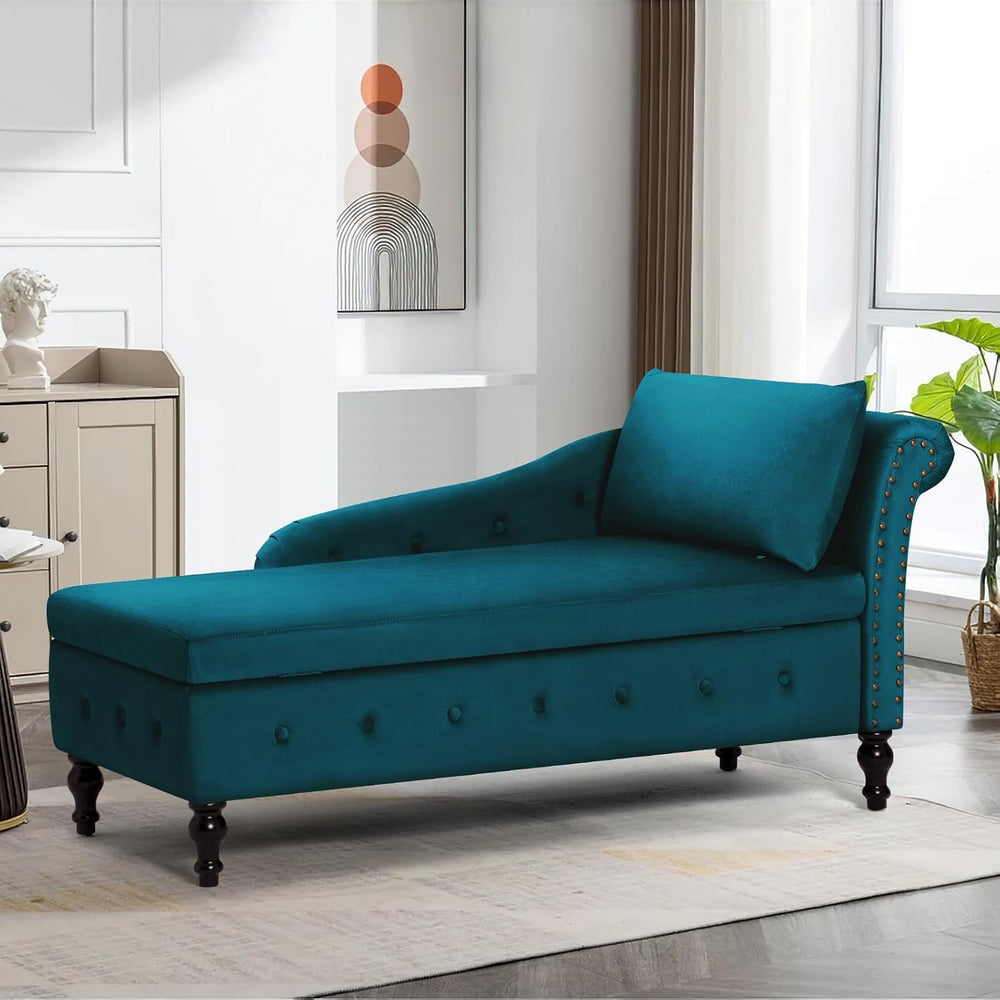 Velvet Chaise Lounge w/Right Armrest & Storage Space, Teal | Button Tufte...