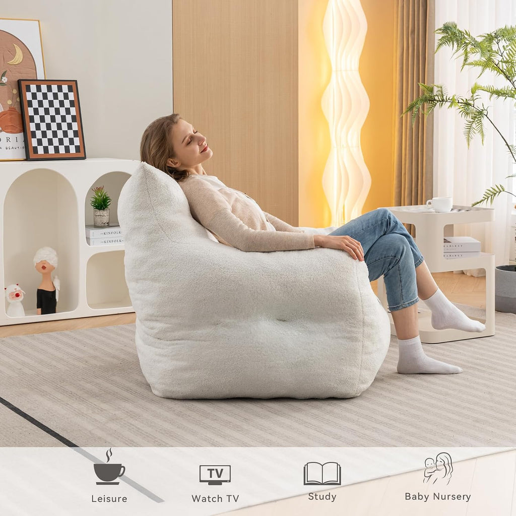 FOXHUNTER Bean Bag Chair with Memory Foam Filling for Adults Ivory | No Assembly Required, Memory Sponge in Small Pieces Filled, Lazy Foam Chair for Bedroom,Living Room