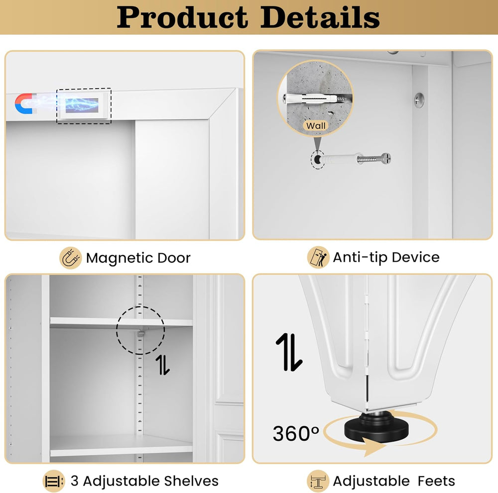 71" Metal Storage Cabinet with Hanging Rod, Tall White Wardrobe Closet w...