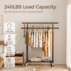 Clothes Rack, Double Rods Rolling Clothing Rack for Hanging Clothes, Portable Garment Rack with Wheels, Coat Rack Wardrobe Closet Load 240 LBS for Bedroom Laundry Room, Black