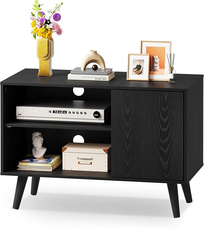 WLIVE TV Stand for 40 Inch TVs, Small Entertainment Center with Storage Cabinet, Mid-Century Modern TV Stands for Living Room and Bedroom, 32" TV Console, Black