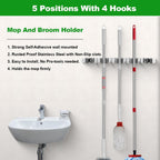 voze [2 Pack] 5 Racks and 4 Hooks Mop and Broom Holder Wall Mount, Self Adhesive Heavy Duty Broom Organizer Storage Tool Racks for Kitchen Garden Laundry Garage, Silver