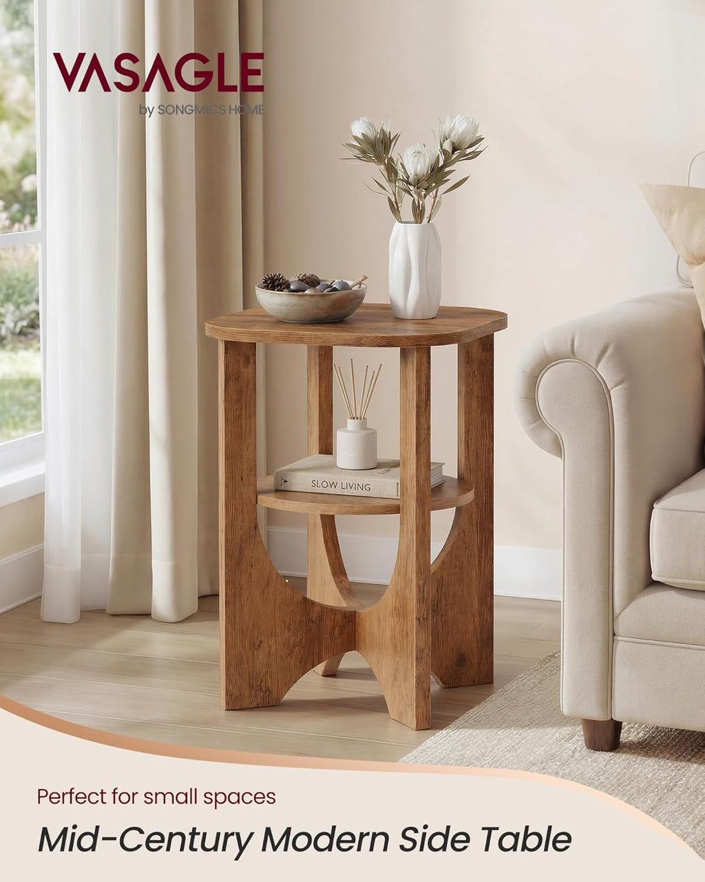 VASAGLE Side Table, 2 Tier Small Accent End Table, Nightstand with Lower Shelf for Small Spaces, Living Room, Bedroom, Honey Brown ULET233M101S