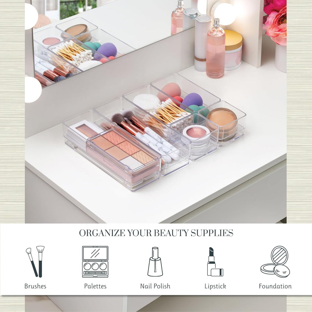 STORi SimpleSort Drawer Organizer Bins 6 pc Set, Multi-size, Bathroom Organizers and Storage, Makeup Organizer, Desk Organizer, Vanity Organizer, Clear Organizing Containers, Made in USA