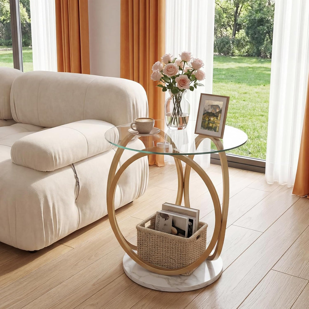 Giantex Round End Table Set of 2, Faux Marble Sofa Couch Side Table w/Tempere...