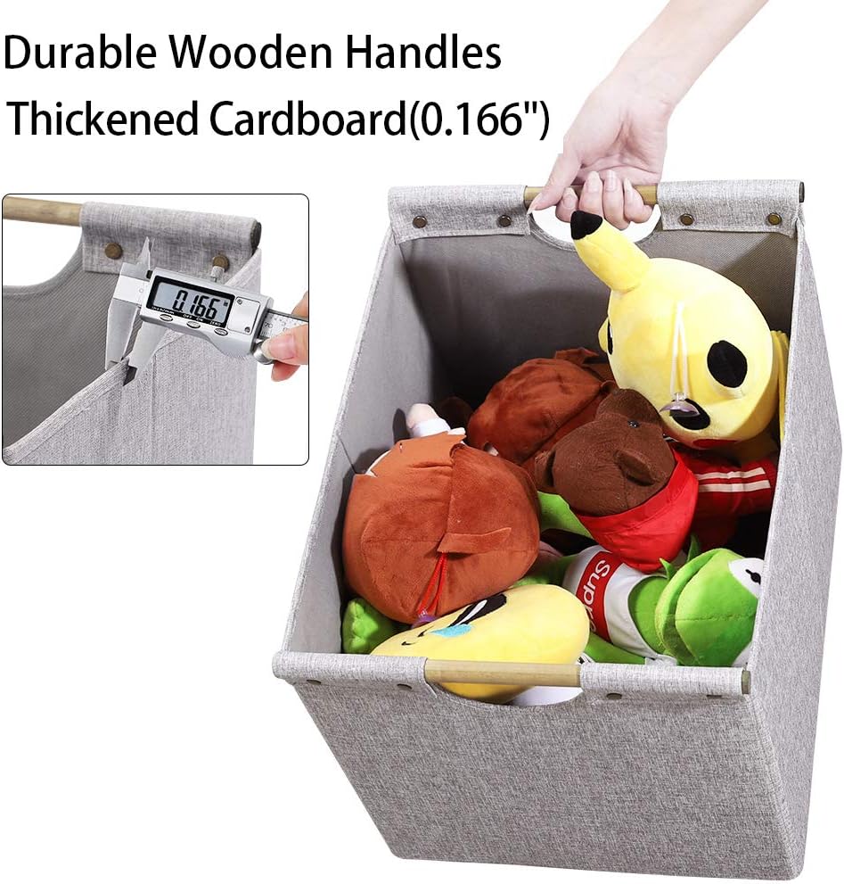 HOONEX Large Foldable Storage Bins, Linen Fabric, 2 Pack, with Wooden Carry Handles and Sturdy Heavy Cardboard, for Home, Office, Car, Nursery, Light Grey