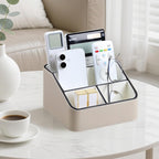 Remote Control Holder, PU Leather Small Desk Organizer with 4 Compartments, Nightstand Organizer Desk Caddy for Remote, Notepad, Phone, Glasses, and Accessories (Beige)