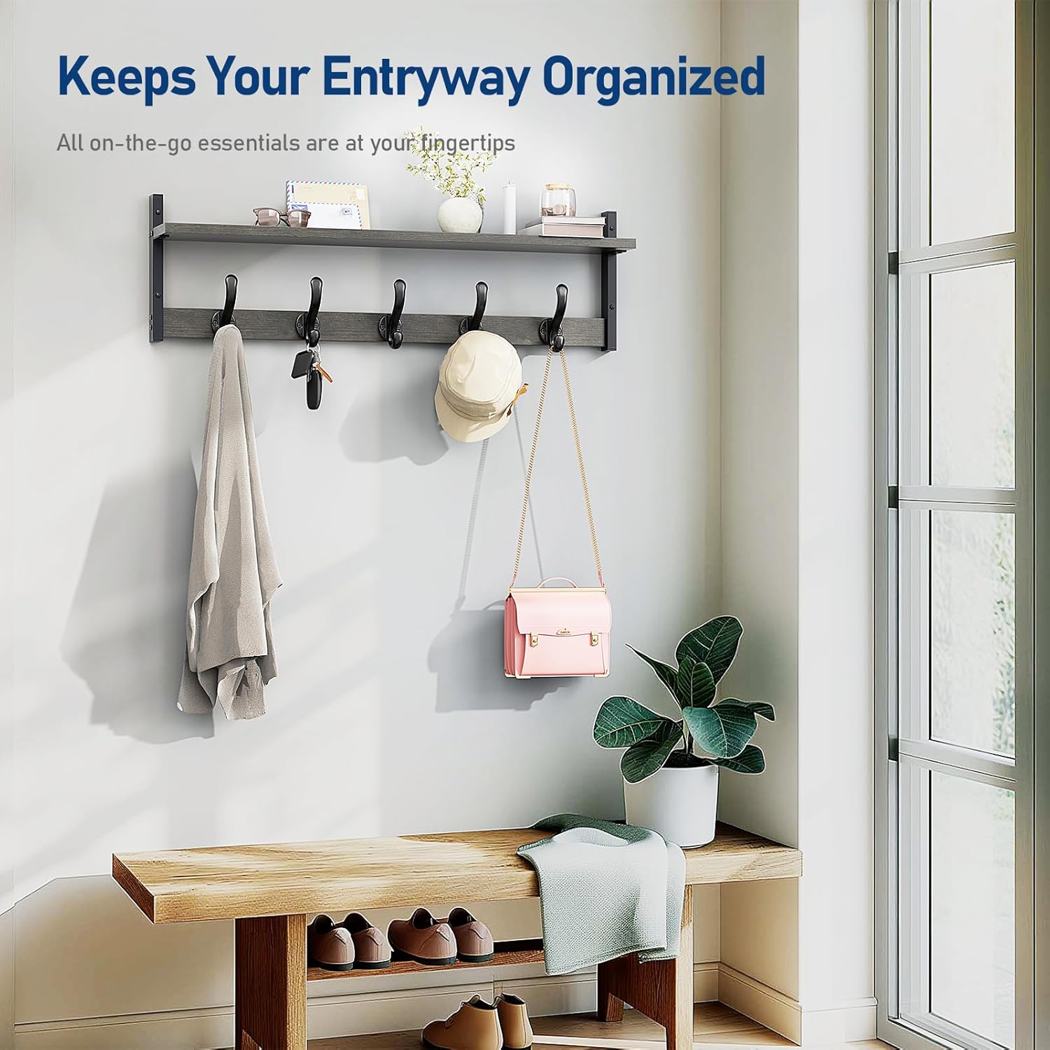 Tatub 29" Rustic Coat Rack Wall Mount with Shelf, Entryway Wall Hooks with Shelf, Coat Hangers for Bathroom, Living Room, Bedroom, Dark Grey