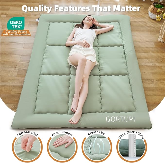 Japanese Floor Futon Queen Foldable Futon Mattress for Floor Tatami Mattress Portable Rollaway Bed for Guest Playmat for Kids Tatami Sleeping Pad Japanese Mattress for Adults Green A