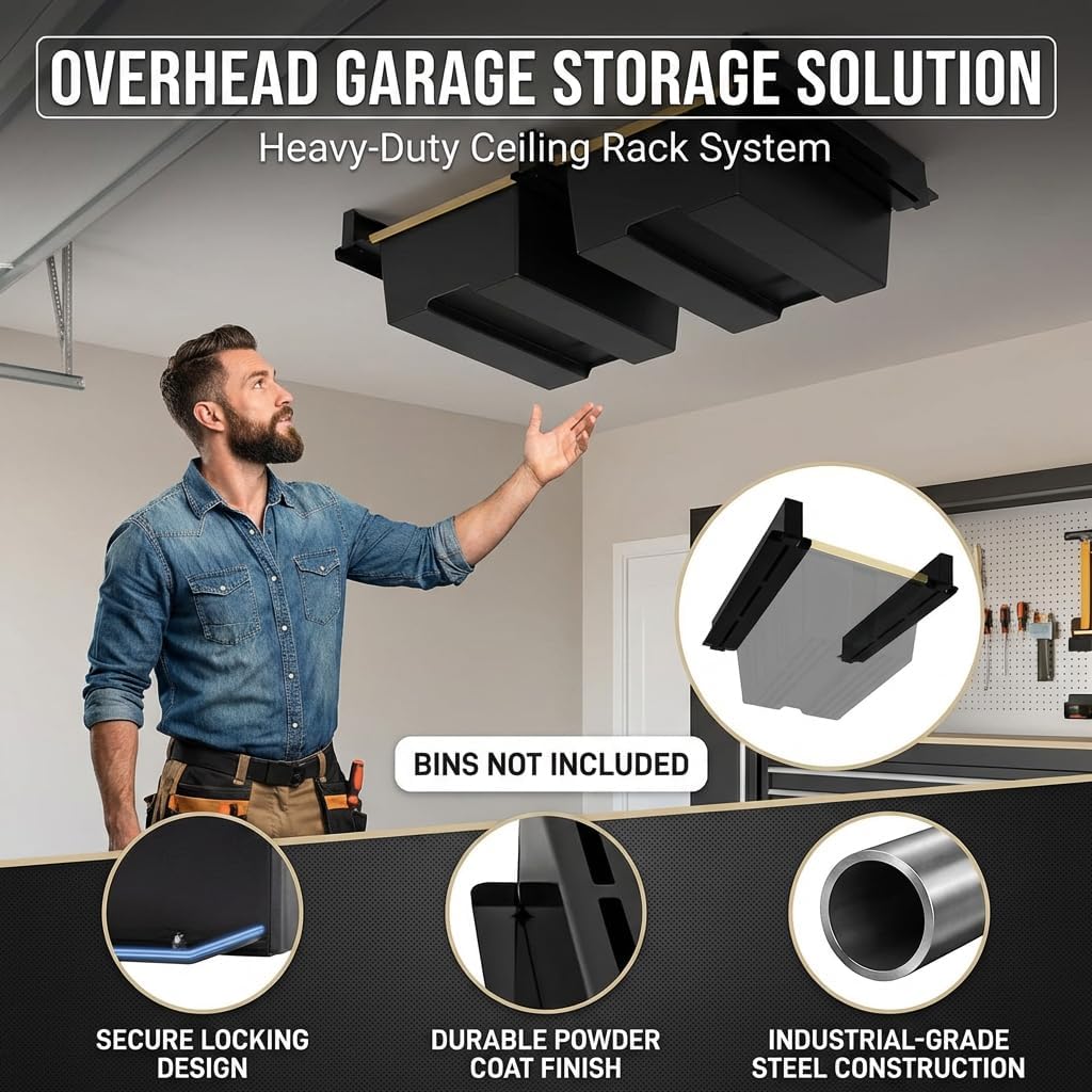 Overhead Garage Storage Rack,Garage Ceiling Storage 3 Rails Set, Overhead Storage Rack to Hold 2 Plastic Totes, Metal Ceiling Racks for Garage Storage to Free Up Floor Space, Garage Organizer System