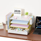 gianotter Wood Desk Organizers and Accessories with File Holder, 4-Tier Desk Accessories & Workspace Organizers with Drawer and Pen Holder, Paper Organizer for Office Supplies (Gold)
