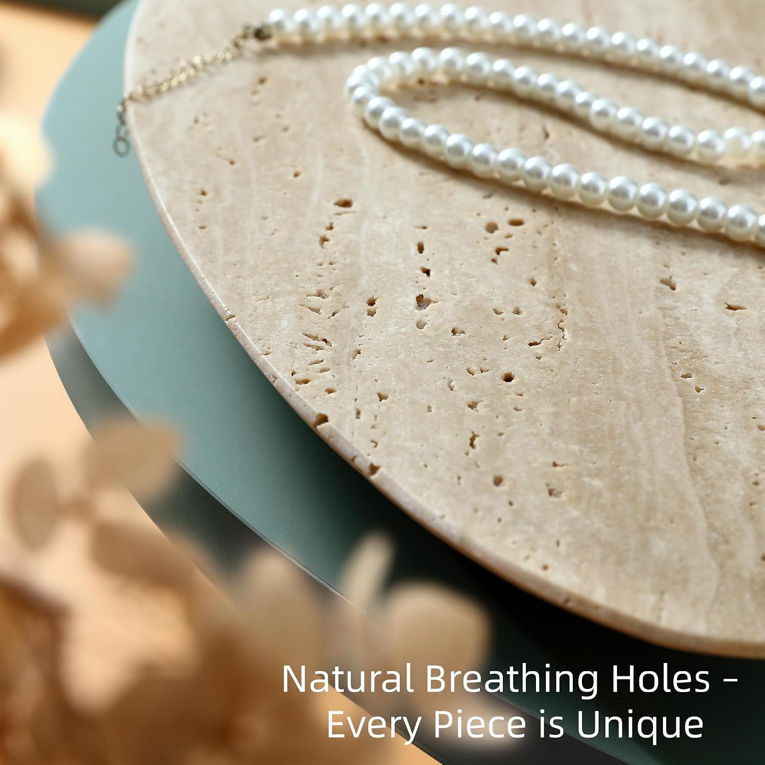 Natural Travertine Tray for Jewelry & Candle Holder | Unique solid stone with natural veining & holes. Versatile catchall for bathroom, vanity, entryway, or coffee table.