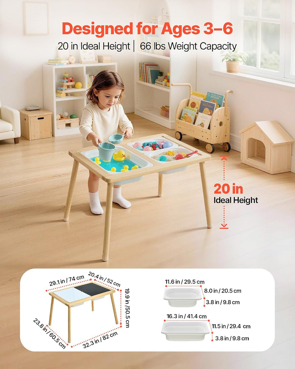 VEVOR Sensory Table for Toddlers, Wooden Kids Activity Table with Reversible Double-Sided Board, Storage Bins, and Non-Slip Feet, for Boys and Girls Playing Sand and Water, Drawing, Studying, Dining