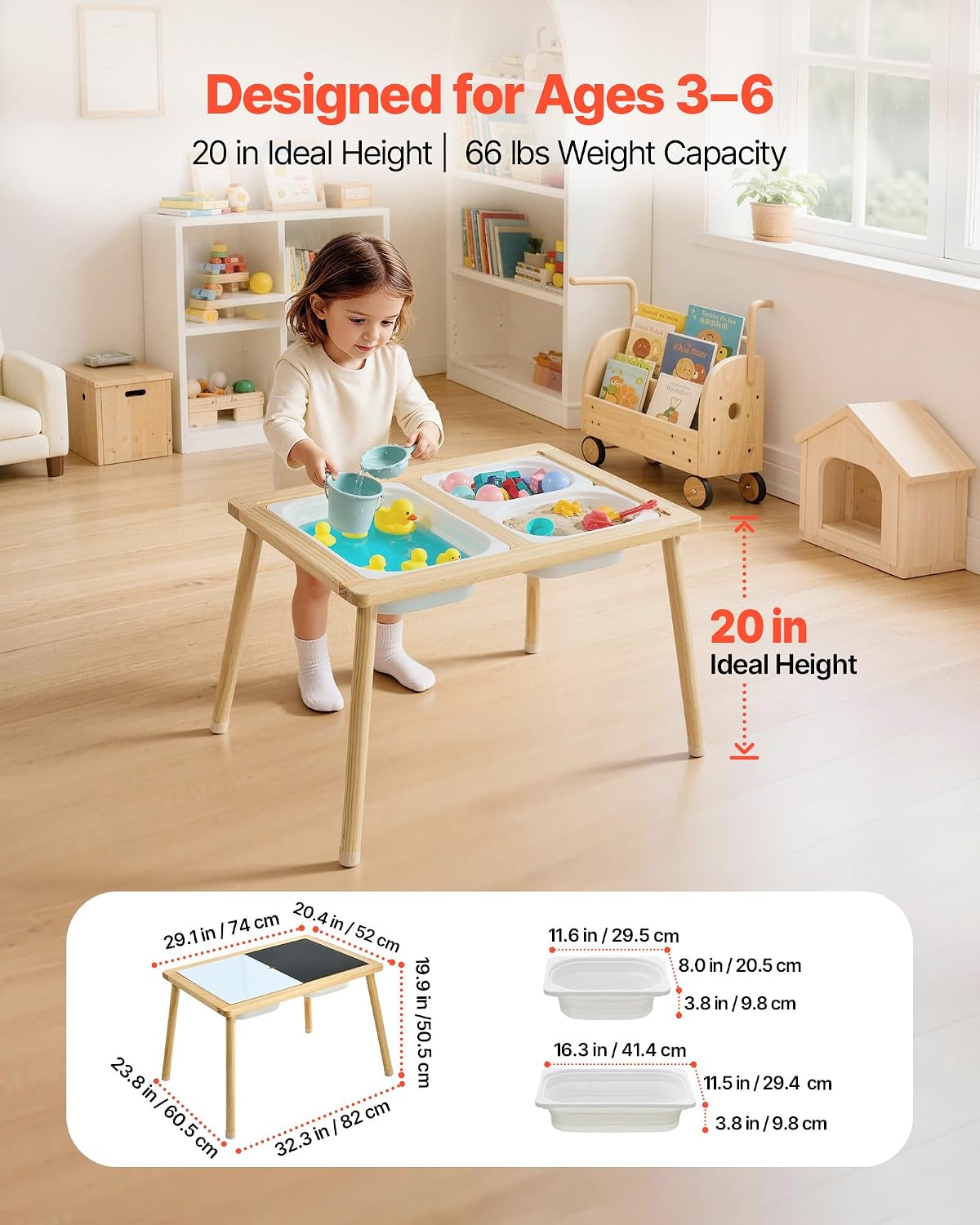 VEVOR Sensory Table for Toddlers, Wooden Kids Activity Table with Reversible Double-Sided Board, Storage Bins, and Non-Slip Feet, for Boys and Girls Playing Sand and Water, Drawing, Studying, Dining