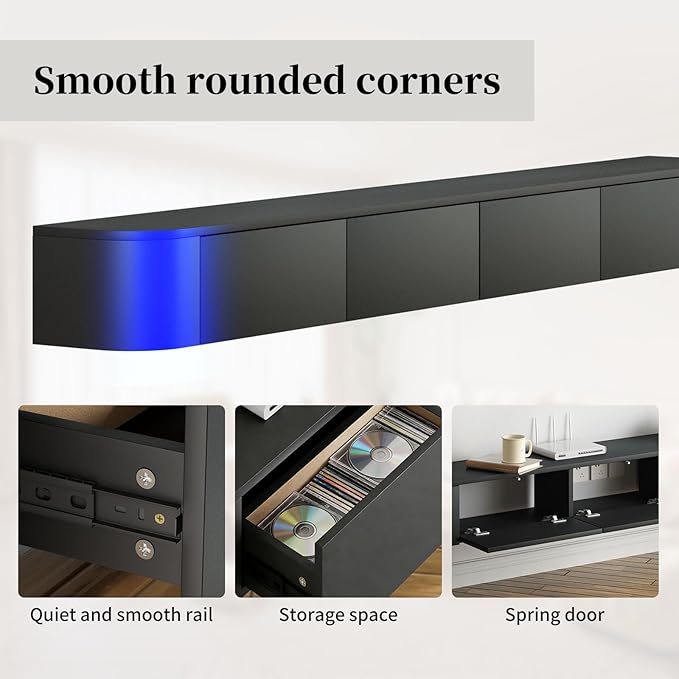 SHGJ&SOFT Floating TV Stand Wall Mounted Media Console with Door Entertainment Centerwith Storage Cabinets, Wall Mounted TV Shelf for Bedroom,Living Room (Black, 78.7IN)