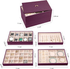 Voova Stackable Jewelry Organizer Tray with Lid, PU Leather Jewelry Storage Holder for Drawer Inserts, Jewellery Display Box Case for Earring Necklace Ring Watch Bracelet (Set of 4, Purple)