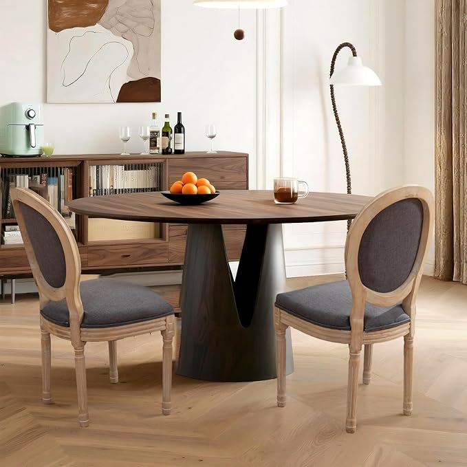 French Country Dining Chairs Set of 2,Farmhouse Upholstered Dining Room Chairs with Round Back and Solid Leg,Fabric Kitchen Side Chairs for Kitchen/Bedroom/Dining Room,Gray