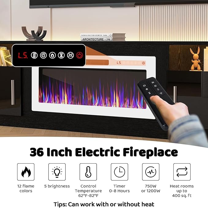 Lemberi Fireplace tv Stand with 36 inch White Fireplace Up to 90" TVs, LED Light Entertainment Center and Storage, 80" Modern Wood Media TV Console with Highlight Cabinet for Living Room (Black)