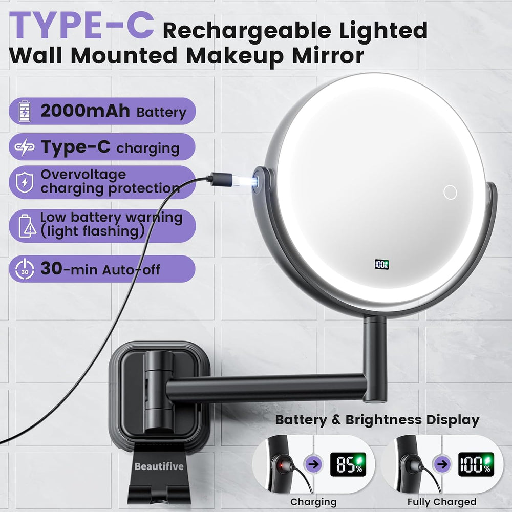 7" Rechargable Wall Mounted Lighted Makeup Mirror with 1X/10X Magnification