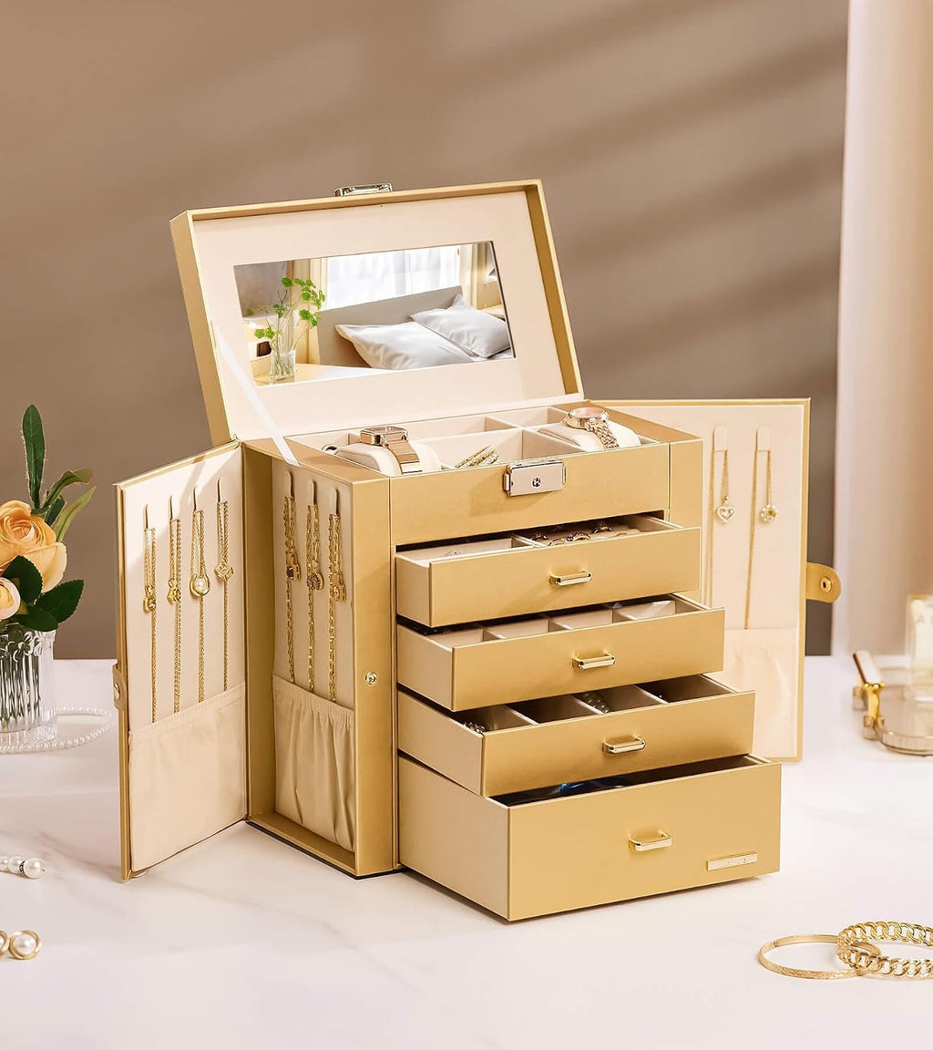 Homde Synthetic Leather Huge Jewelry Box Mirrored Watch Organizer Necklace Ring Earring Storage Lockable Gift Case (Gold)
