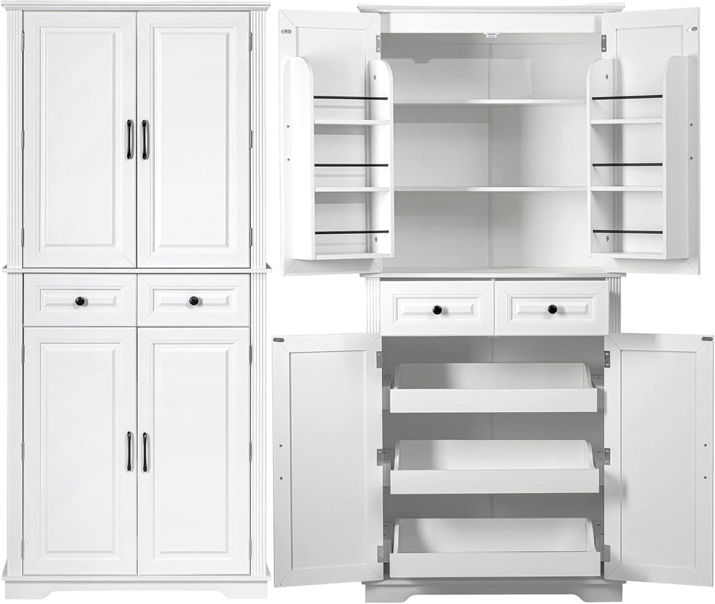 Kitchen Pantry with 3 Pull Out Cabinet Organizers, Farmhouse Freestanding Storage Cabinet with 6 Door Shelves and 2 Drawers for Kitchen, Dining Room (White)