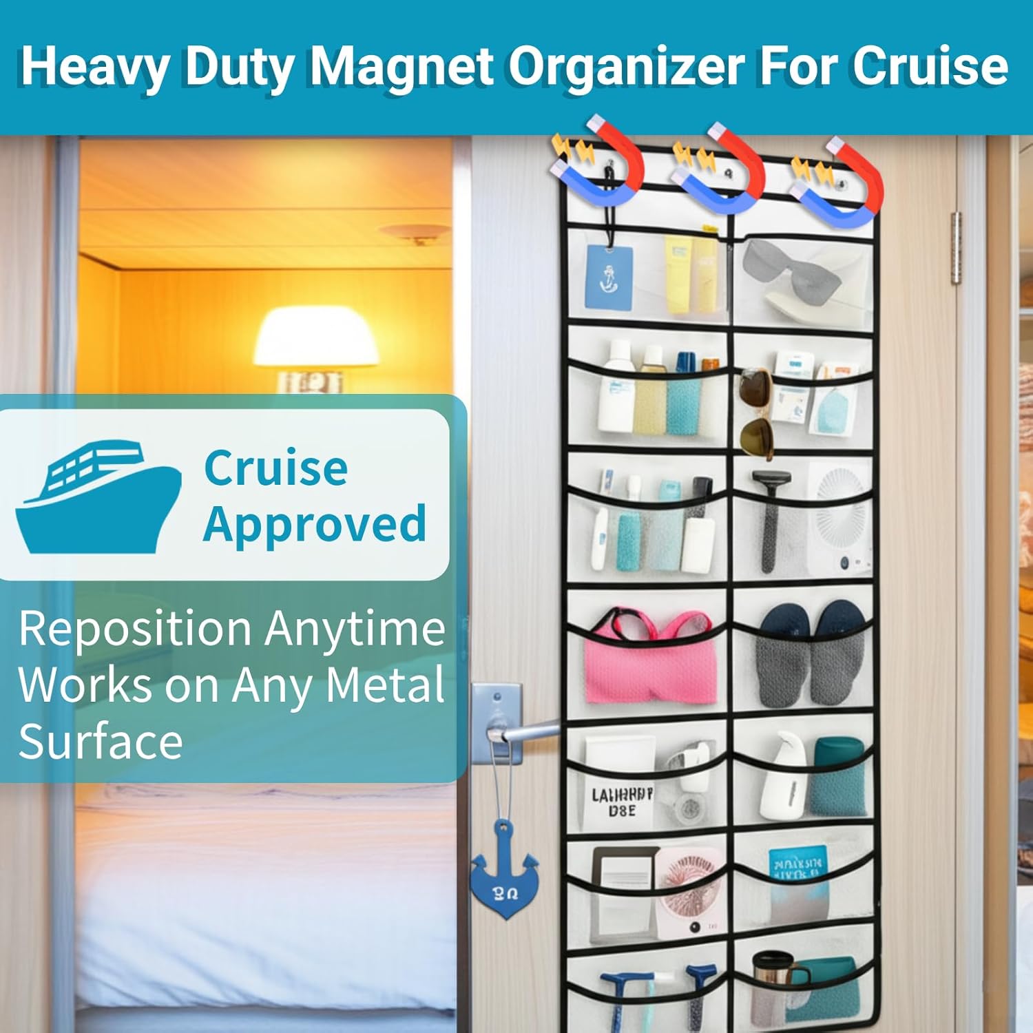 Magnetic Cruise Organizer, 14 Large Durable Pockets Over The Door Organizer For Cruise Ships, Magnetic & Hanging Cruise Organizer, Cruise Essentials 2026 （ 67" x 21.6"）