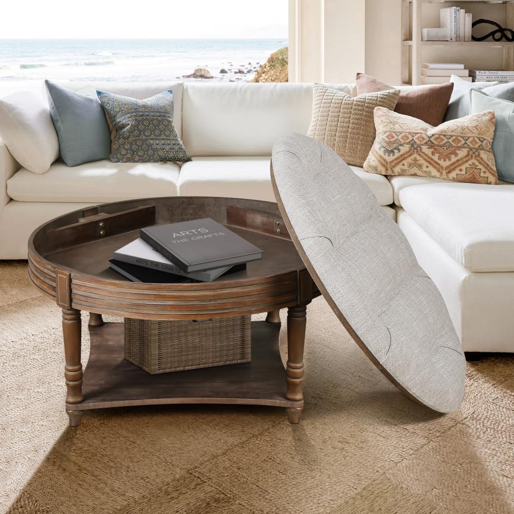 Large Round WaterProof Ottoman Coffee Table 2 Tier Oversized Button Tufted Ottoman with Wooden Shelf Storage Farmhouse Upholstered Coffee Table Living Room Footstool Ottoman Linen(Light Gray)
