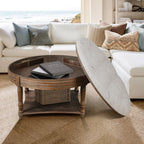 Large Round WaterProof Ottoman Coffee Table 2 Tier Oversized Button Tufted Ottoman with Wooden Shelf Storage Farmhouse Upholstered Coffee Table Living Room Footstool Ottoman Linen(Light Gray)
