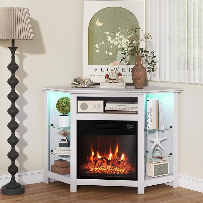 RELAX4LIFE Corner Fireplace TV Stand - Electric Fireplace Entertainment Center w/Heater Insert, LED Lights, APP Control & Adjustable Shelves, Media Console Cabinet for TVs up to 50’’ (White)