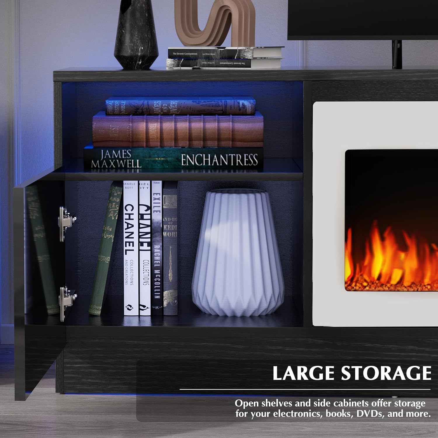 70" Black TV Stand with 36" White Electric Fireplace, 750W/1500W Entertainment Center for TVs up to 80", 20-Color LED, 300lbs Max Capacity High Gloss Cabinet, Two-Tone Style