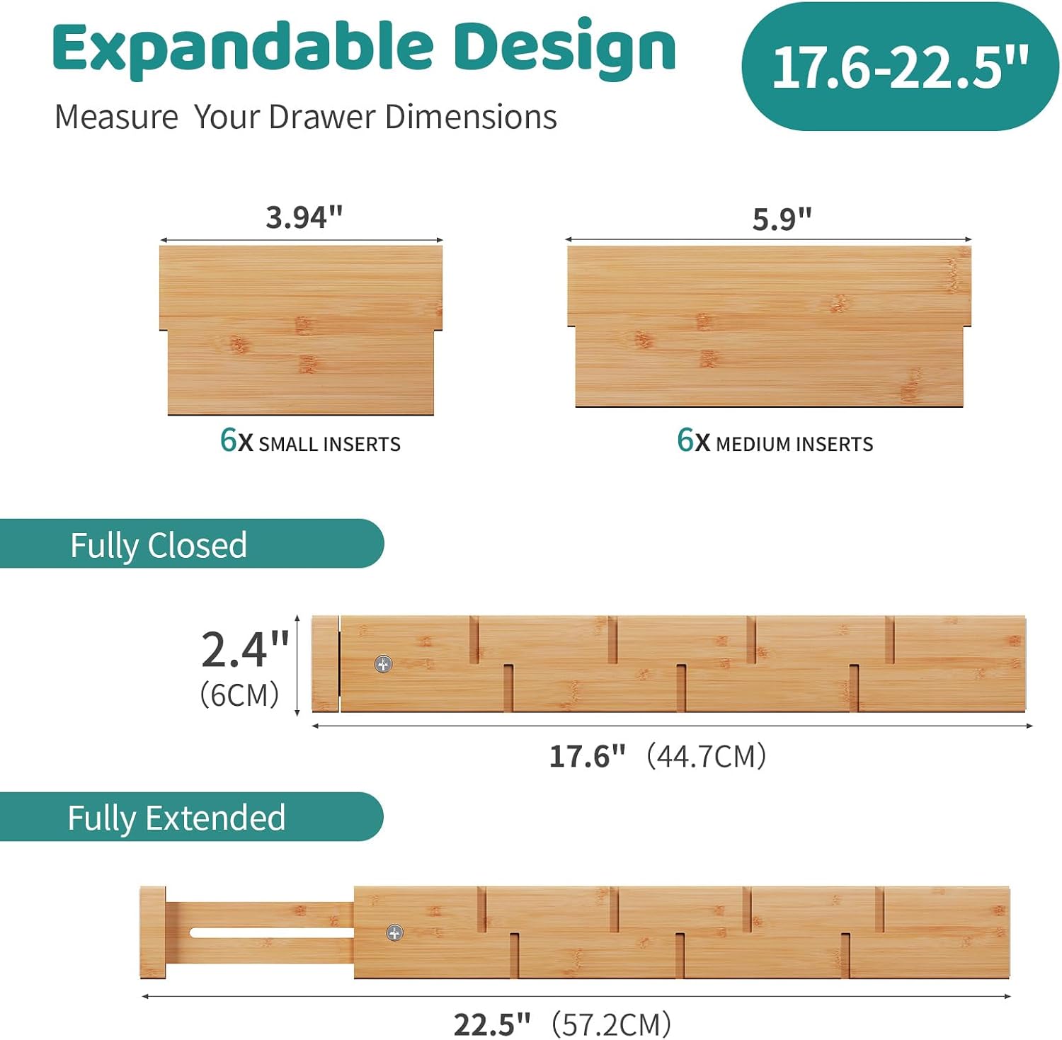 6 Pack Bamboo Drawer Dividers with Inserts, Kitchen Adjustable Drawer Organizers, Expandable Organization for Home, Dressers, 6 Dividers with 12 Inserts