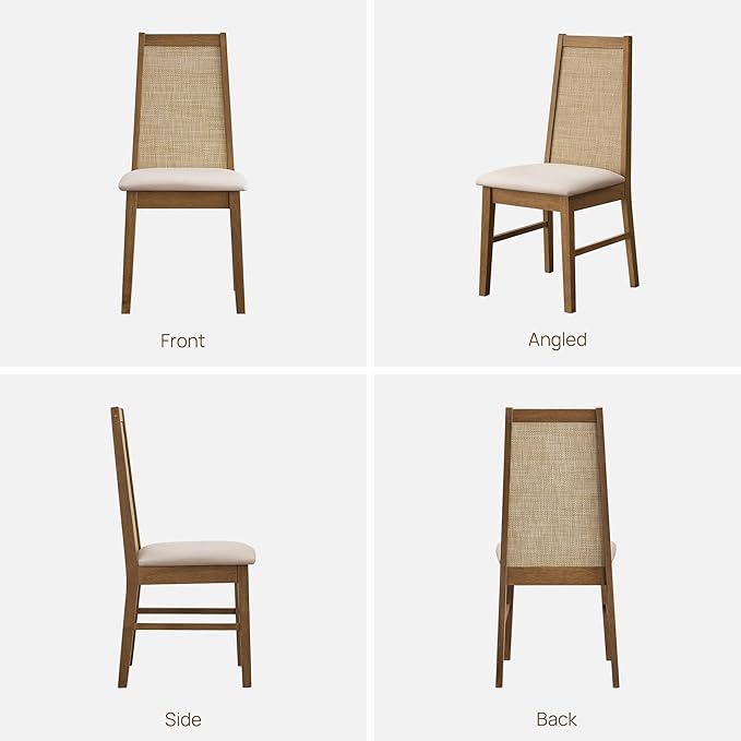 SICOTAS Wood Dining Chairs Set of 2 - Rattan Dining Room Chairs with Solid Wood Leg, Farmhouse Upholstered Kitchen Chairs High Back, Modern Armless Dining Chair for Dining Room, Kitchen, Oak, 2PCS
