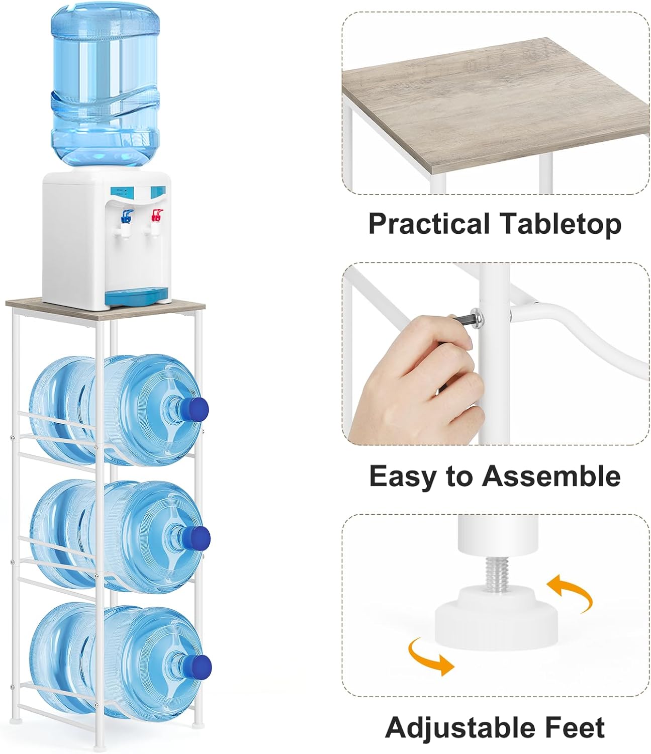 OYEAL Water Bottle Storage Holder 5 Gallon Drink Dispenser Stand with Table 3-Tier Heavy Duty Water Cooler Jug Rack Water Bottle Organizer for Kitchen, Office, Living Room, Rustic Grey