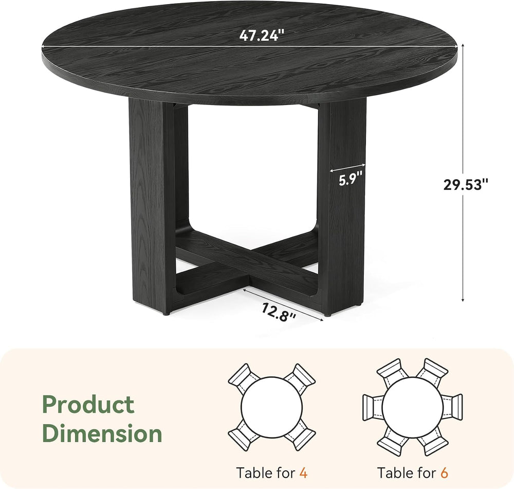 47.24" Black Round Dining Table for 4–6 People, Solid Wood Kitchen Table...