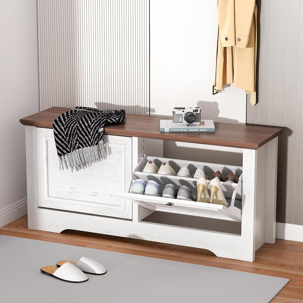 Shoe Storage Bench with Seat, Entryway Shoe Cabinet with Drawers | Flip Drawe...