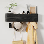 Coat Rack Wall Mount with Shelf 4 Hidden Hooks Modern Wooden Key Holder Entryway Organizer for Hallway Bedroom Bathroom Home Decor Storage for Hanging Coats Hats Bags Towels, Wave-Shape Black