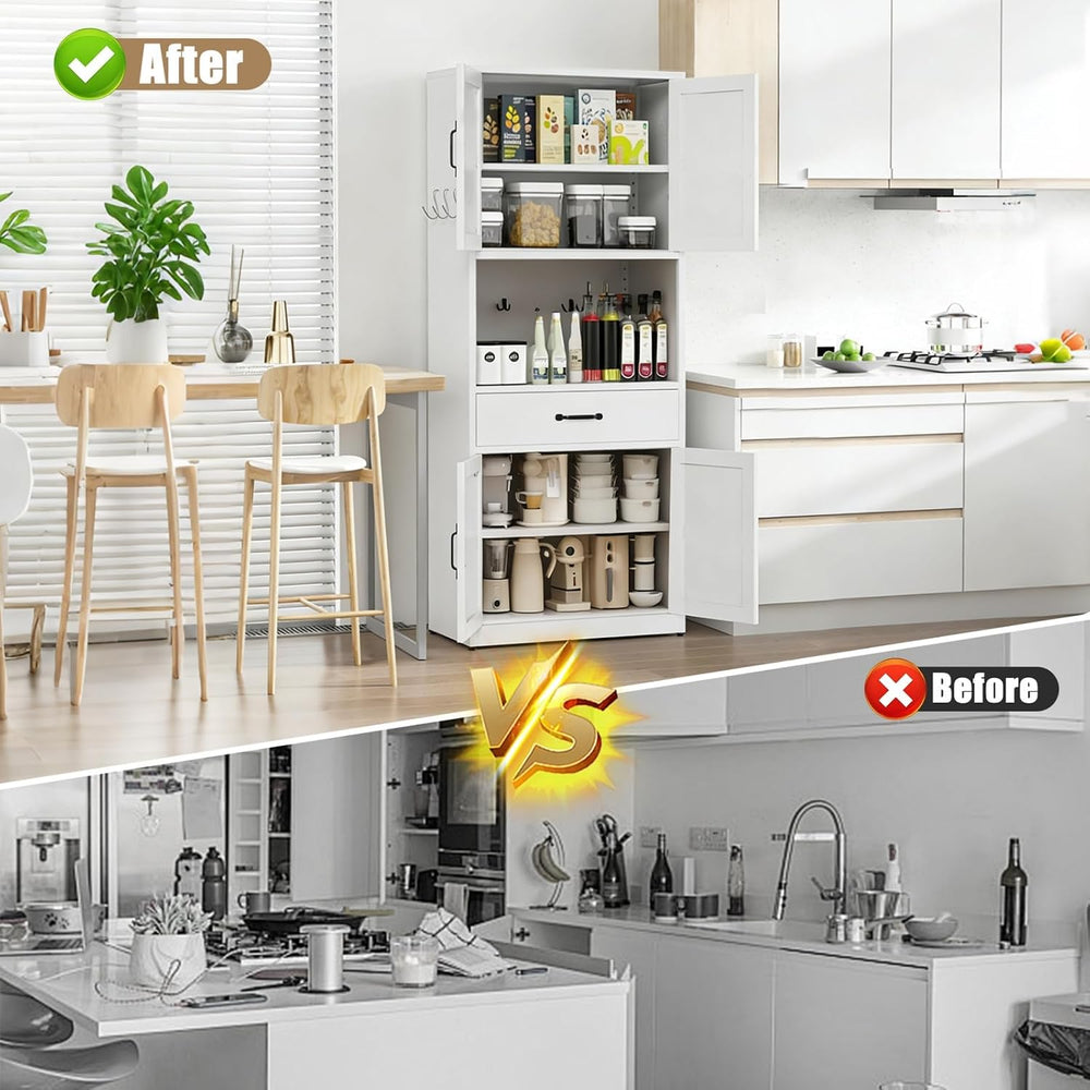 White Pantry Cabinet, Freestanding Kitchen Storage Cabinet with 2 Drawers &am...
