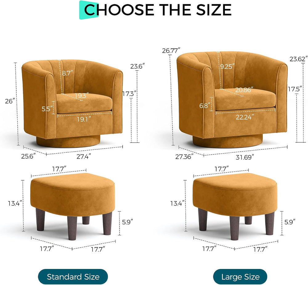 LINSY 360° Swivel Accent Chairs Set of 2, Modern Velvet Chair with Ottoman, C...