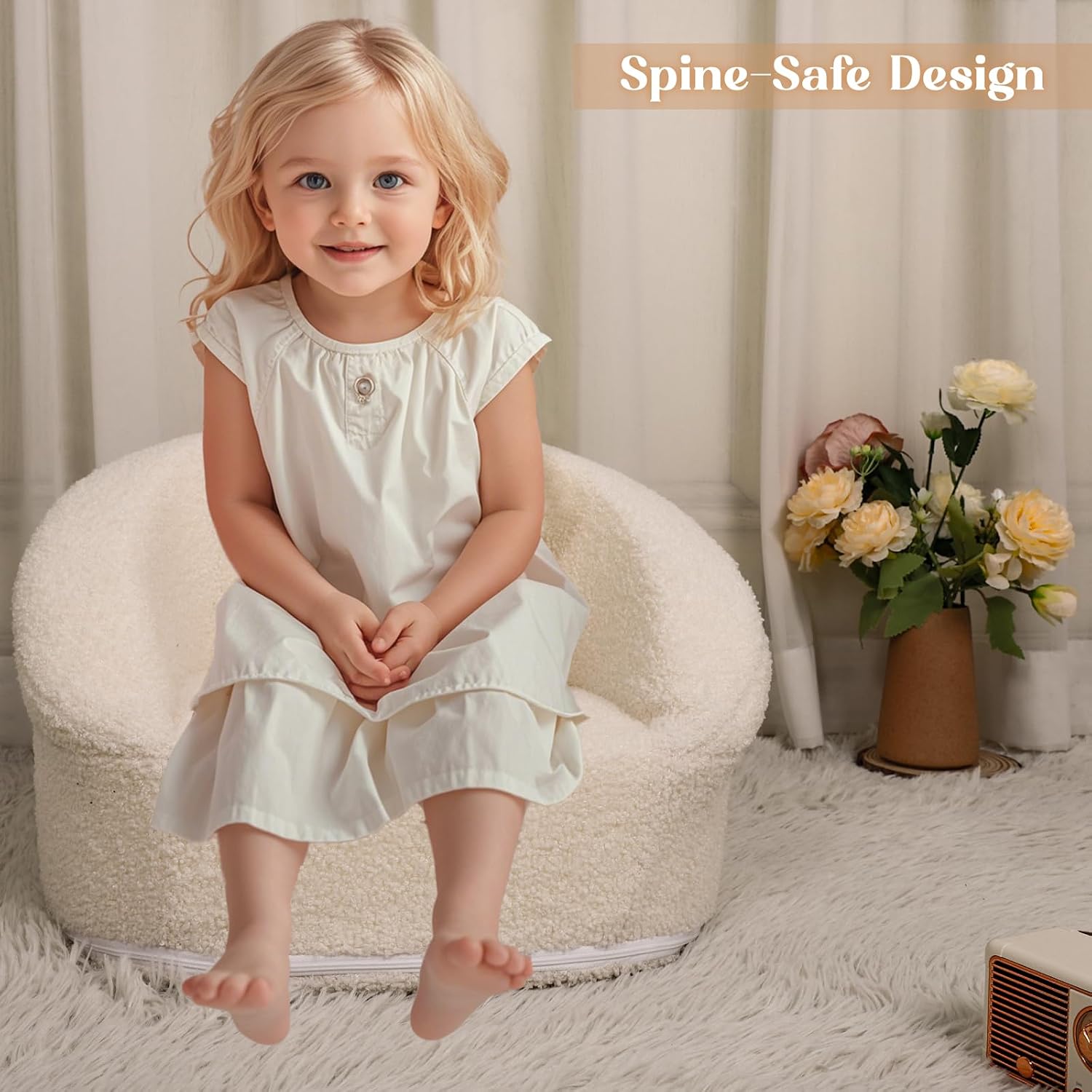 Mini Toddler Chair Comfy - 17.3'' Compact Kids Couch with Carry Handle, Soft Teddy Plush Toddle Chair, Washable Cover & Sturdy Design for Nursery & Playroom - White