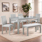 Dining Table Set for 5, 6 Piece Dining Room Table Set with Rectangular Crystal Decoration Table, 4 Upholstered Chairs and Bench, Counter Height Kitchen Sets with MDF Tabletop, Silver Gray