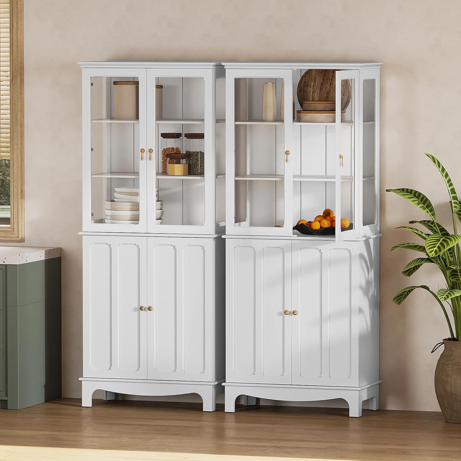 ARTPOWER 72" Freestanding Kitchen Pantry Storage Sideboard, Classical Tall Cabinet with Glass Door and Adjustable Shelves for Kitchen, Livingroom and Dining Room, White