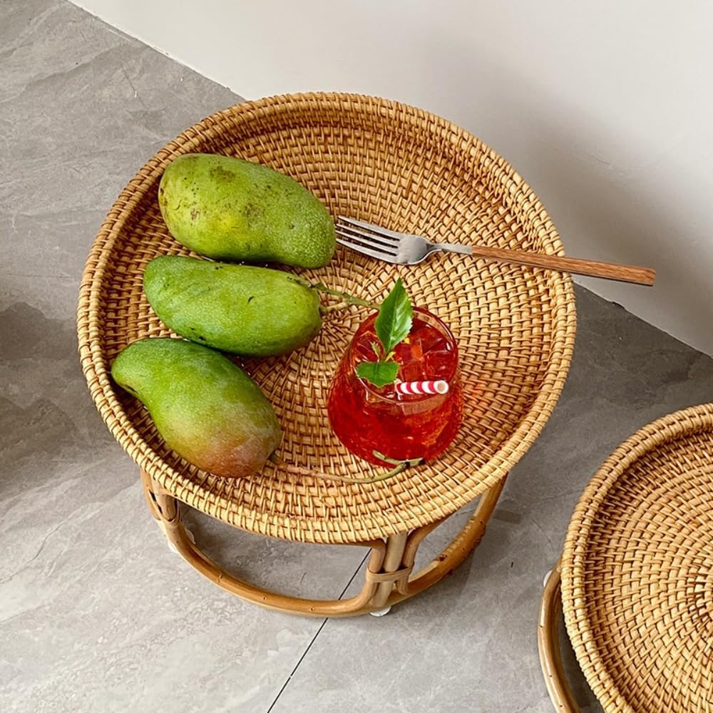 Bohemian Rattan Side Table, Round Wicker Accent Table, Small Bamboo End Table...