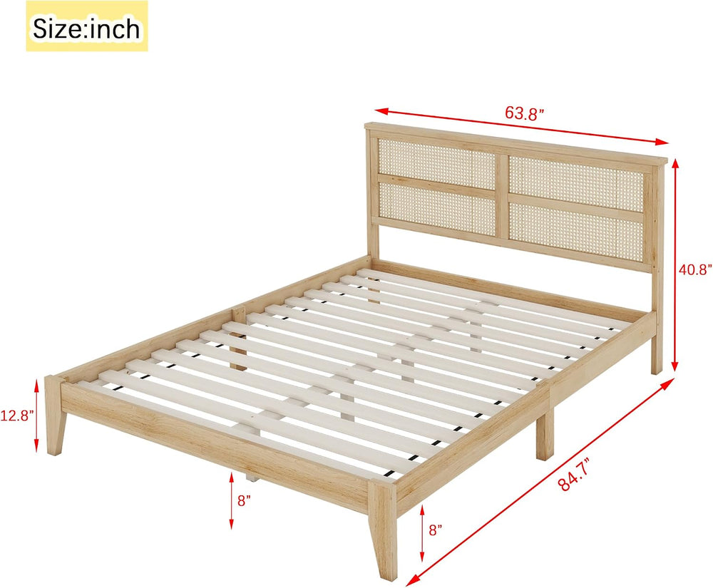Queen Size Boho Platform Bed Frame with Rattan Headboard