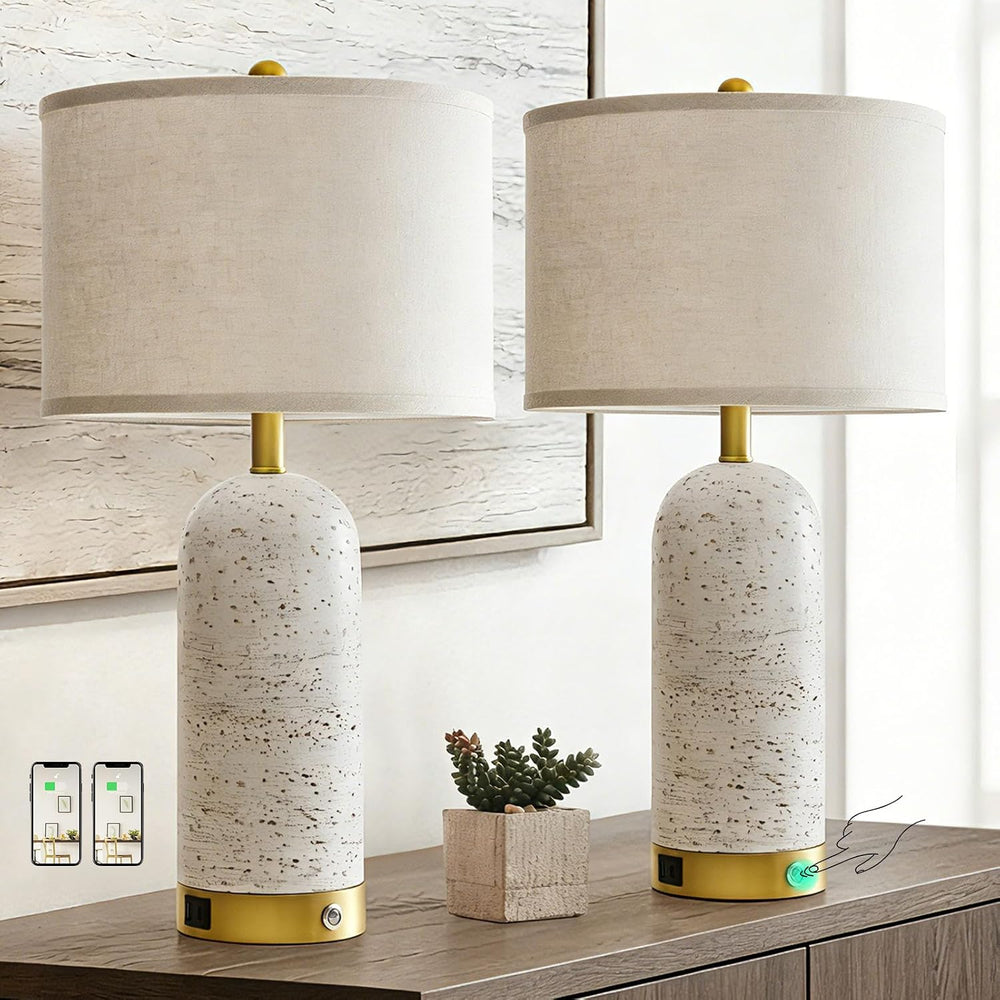 RORIA 25" Set of 2 Touch Rustic Table Lamps for Living Room and USB A+C