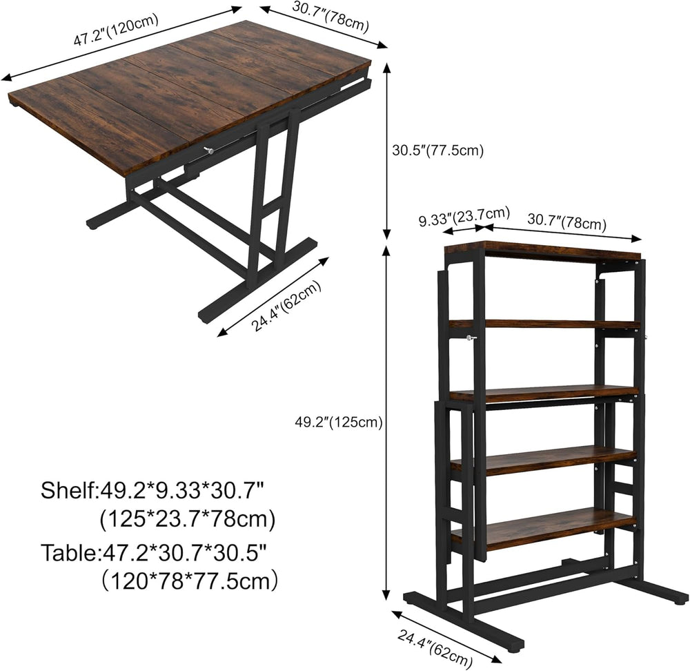 Convertible Dining Table, Multipurpose Mahogany Storage Shelf, 2 in 1 Bookshe...