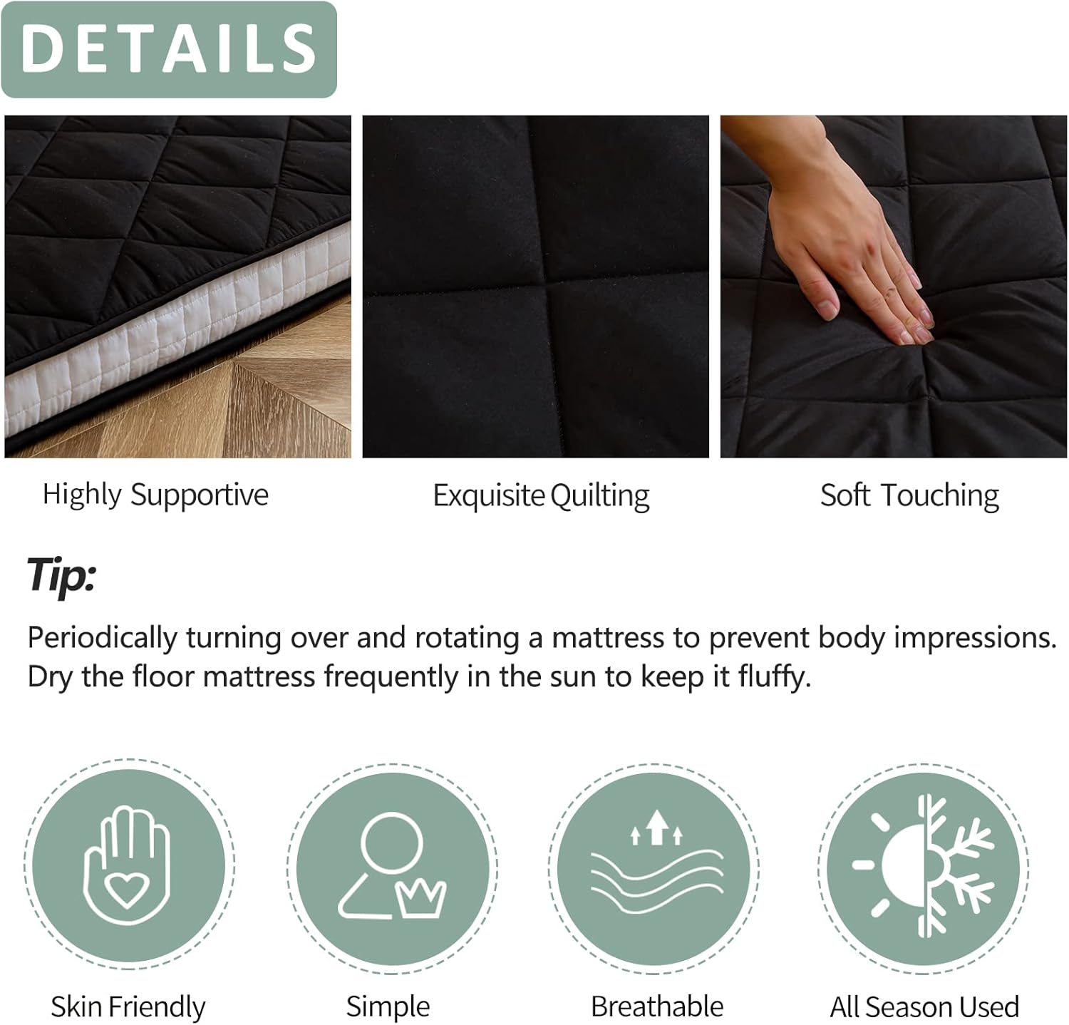 MAXYOYO Japanese Floor Futon Mattress King Size, Floor Futon for Adults, Roll Up Folding Mattress, Diamond Patterned Japanese Futon Mat, Black