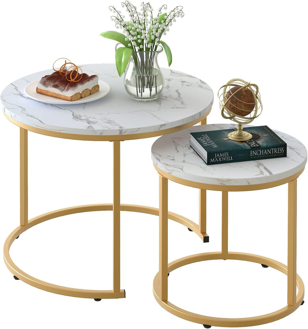 aboxoo Coffee Table Nesting White Set of 2 Side Set Golden Frame Circular Rou...