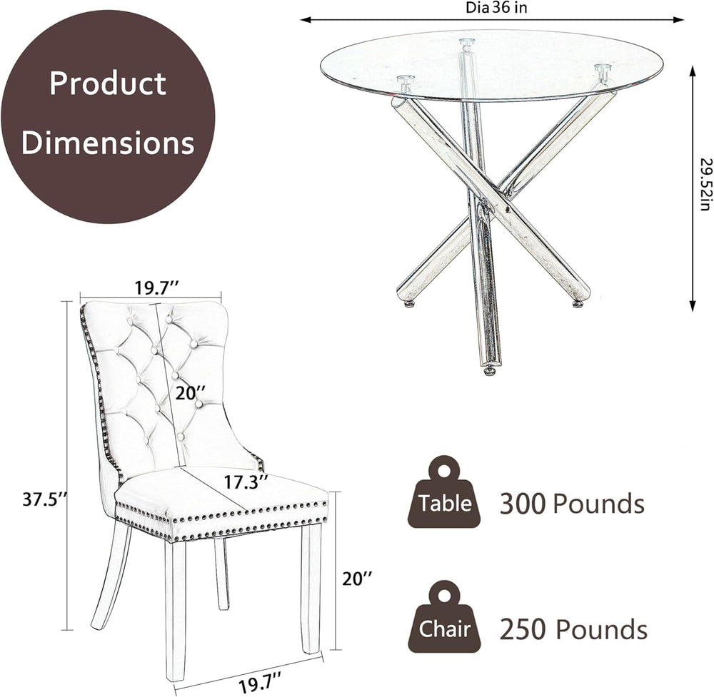 Modern Silver Round Glass Dining Table Set for 4, 36'' Luxury Minimal...