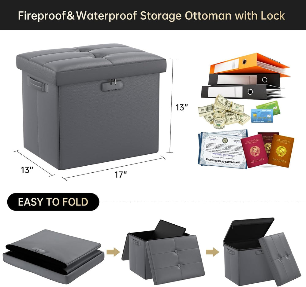 DocSafe Storage Ottoman with Lock,Fireproof Folding Ottoman Foot Rest Stool S...
